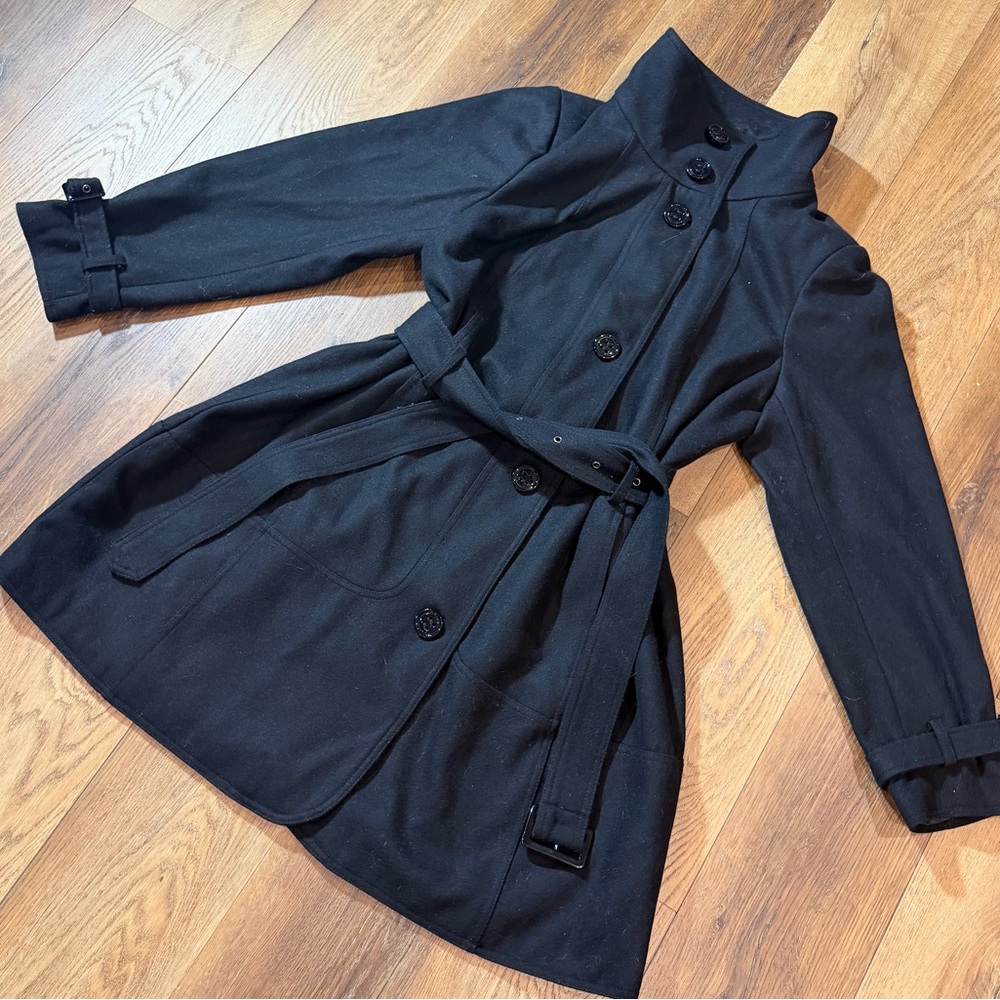 High Neck Trench Coat Black Belted Wool Trench Coat Cropped Trench Coat